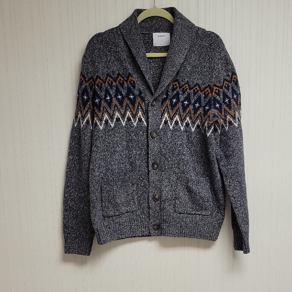 Old Navy Men's Charcoal Cardigan with Geometric Pattern Sz Med Grandpa Academia